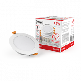 Светильник Gauss Basic Downlight круг 4,5W 300lm 4000K 170-260V IP20 95*26 белый (3шт. в упак.) LED 1/40